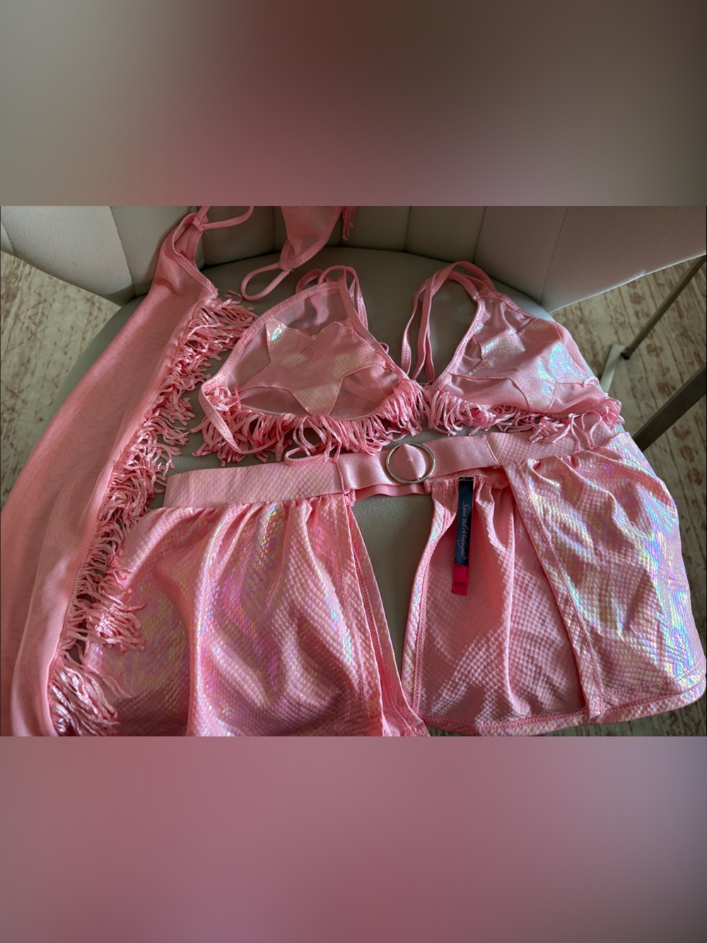 Iridescent Pink Fringe Triangle Bralette and Belted Skirt Set